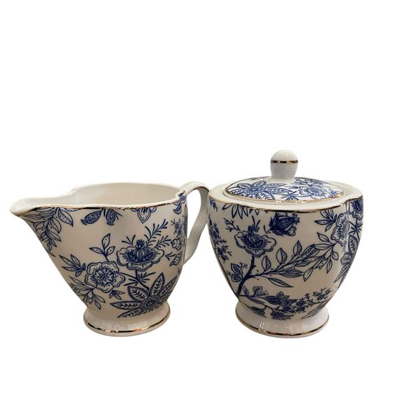 Grace Teaware Fine Porcelain Creamer & Sugar Blue & White Floral Gift Set New - Picture 4 of 16